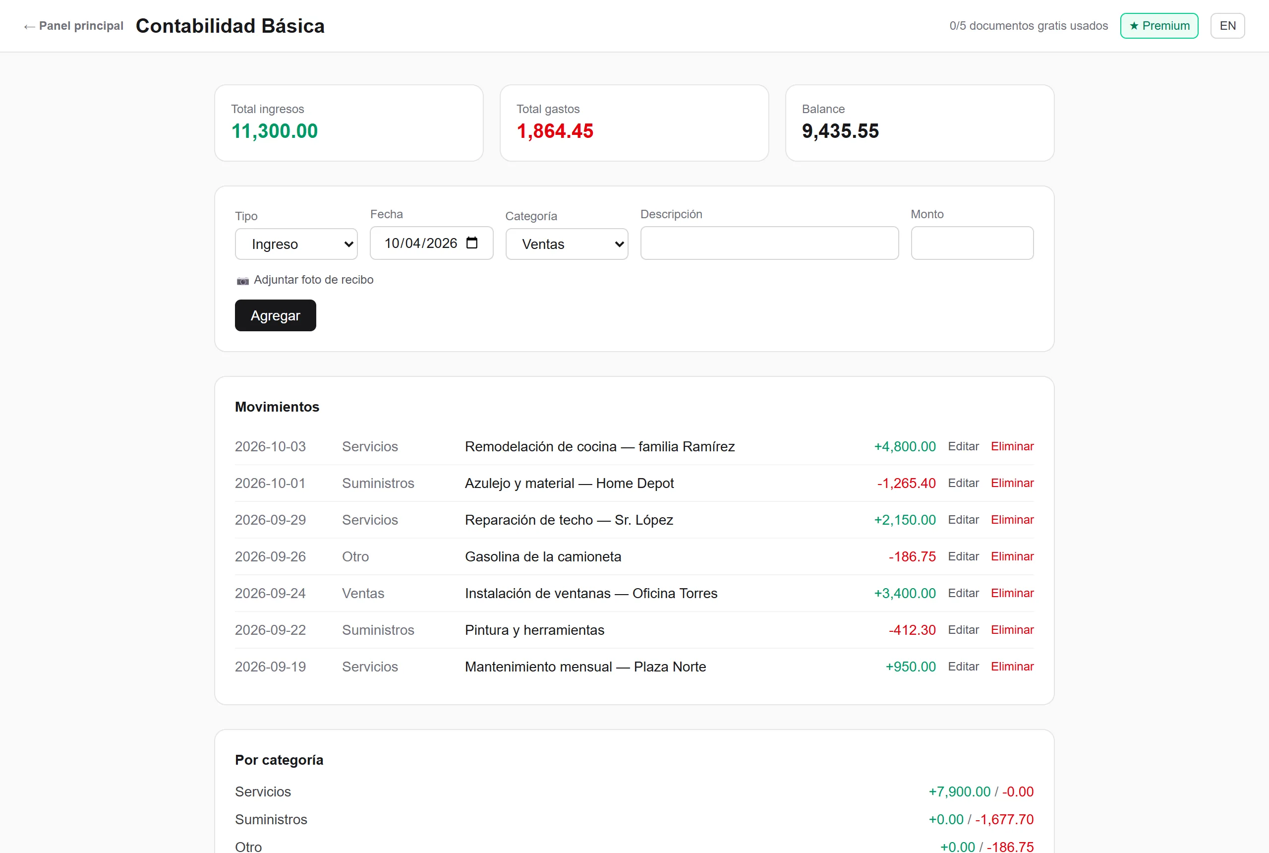 Contabilidad básica: ingresos, gastos y balance al día.