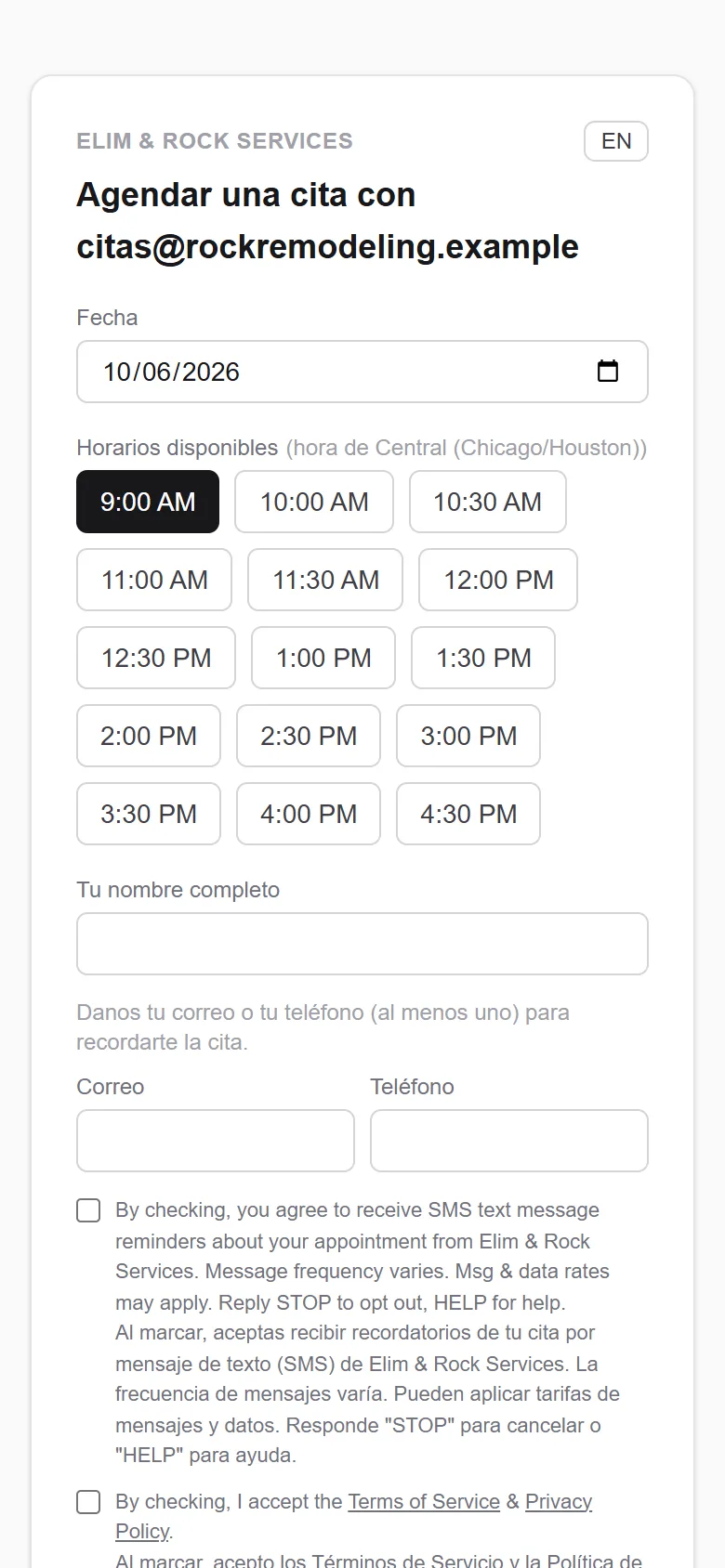 Lo que ve tu cliente al agendar una cita desde el celular.