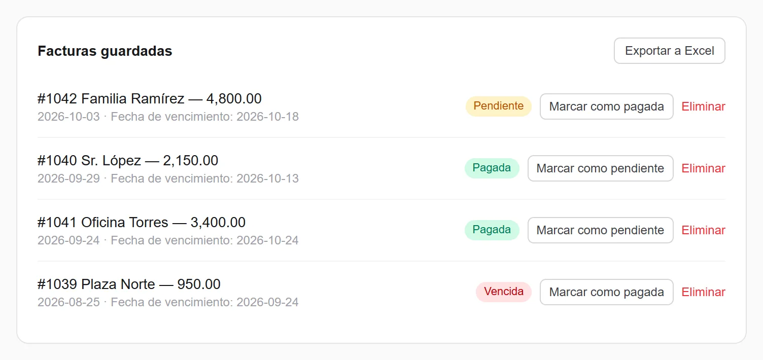 Facturas guardadas: pendientes, pagadas y vencidas, de un vistazo.